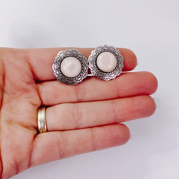 Signed Relios Carolyn Pollack Sterling Mother of Pearl MOP Clip On Earrings VTG - Picture 6 of 16